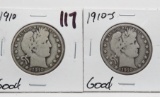 2 Barber Half $: 1910 G, 1910S G