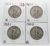 4 Walking Liberty Half $: 1923S G, 1927S G, 1928S G, 1929D VG