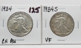 2 Walking Liberty Half $: 1934 CH AU, 1934S VF