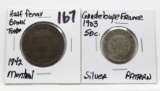 2 World Mix: 1842 Montreal Half Penny Bank Token; 1903 Guadeloupe France Silver Pattern 50 Centimes