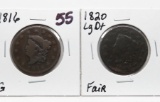 2 Type Large Cents: Classic Head 1816 G, Coronet Head 1820 Lg Dt Fair