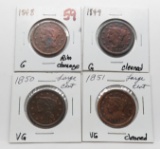 4 Braided Hair Large Cents: 1848 G rim damage, 1849 G clea, 1850 VG, 1851 VG clea