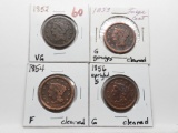 4 Braided Hair Large Cents: 1852 VG, 1853 G gouges clea, 1854 F clea, 1856 G clea