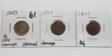 3 Indian Cents: 1863 G obv damage cleaned, 1864 damage, 1865 AG