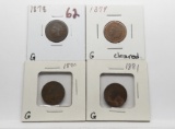 4 Indian Cents: 1878 G better date, 1879 G clea, 1880 G, 1881 G