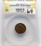 Lincoln Cent 1914D ANACS Good 6 corroded scratched, Key Date
