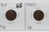 2 Lincoln Cents: 1914 AU, 1914S VF