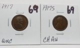 2 Lincoln Cents: 1917 Unc, 1917S CH AU