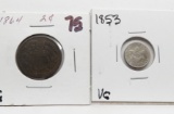 2 Type Coins: Two Cent 1864 G; Silver Three Cent 1853 VG