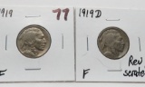 2 Buffalo Nickels: 1919 F, 1919D F rev scratch