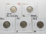 5 Buffalo Nickels: 1920 CH VF rev scrs, 20D VG clea, 20S G, 21 F, 23 VF