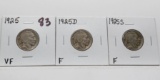 3 Buffalo Nickels: 1925 VF, 1925D F, 1925S F