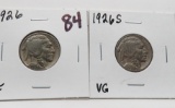 2 Buffalo Nickels: 1926 F, 1926S VG