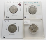 4 Type Nickels: Shield 1868 AG, Liberty 1883 no cents G, Liberty 1899 G, Jefferson 1941