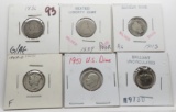 6 Type Dimes: Bust 1836 G/AG, Seated 1839 Poor, Barber 1911S AG, Mercury 1943D F, 2 Roosevelt (Silve