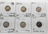 6 Silver Roosevelt Dimes BU attractive toning: 1955 PD, 57, 2-58, 58D