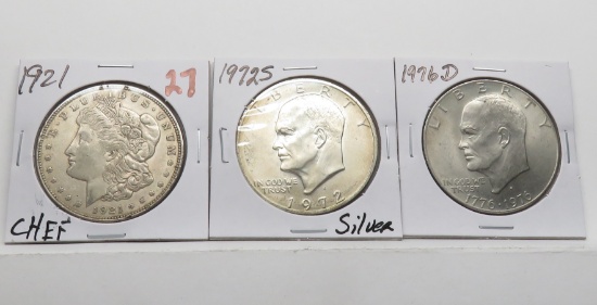 3 Type $: Morgan 1921 CH EF, 2 Eisenhower (1972S Silver, 1976D)