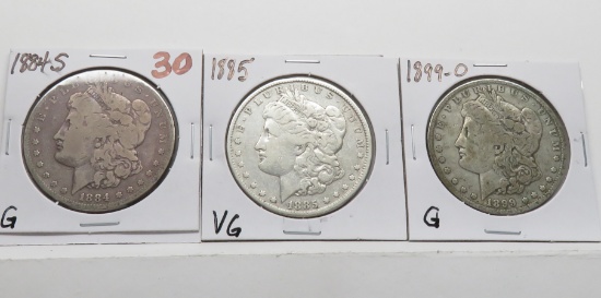 3 Morgan $: 1884S G, 1885 VG, 1899-O G