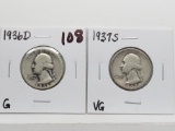 2 Washington Quarters: 1936D Good, 1937S VG