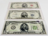 3 Type $5 Notes: 1934 St Louis FRN light green seal F rev written  #; 1953A Silver Certificate F; 19