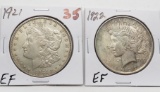 2 Type Silver $: Morgan 1921 EF, Peace 1922 EF