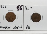 2 Indian Cents better dates: 1866 G scratches dipped, 1867 AG