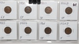 8 Lincoln Cents: 1920 EF, 20D EF, 20S VF, 22D VF, 23 VF, 23S F, 24 VF, 24D F