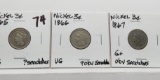 3 Nickel Three Cent scratches: 1865 VG, 1866 VG, 1867 G+