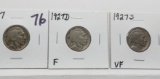 3 Buffalo Nickels: 1927 AU, 1927D F, 1927S VF