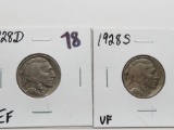 2 Buffalo Nickels: 1928D EF, 1928S VF