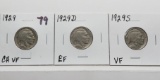 3 Buffalo Nickels: 1929 CH VF, 1929D EF, 1929S VF