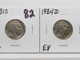 2 Buffalo Nickels: 1931S VF, 1934D EF