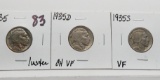 3 Buffalo Nickels: 1935 BU luster, 1935D CH VF, 1935S VF