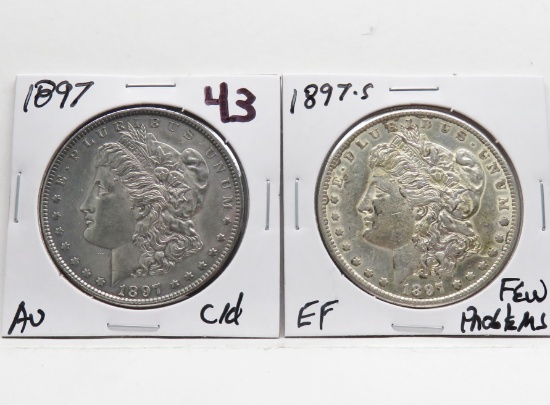 2 Morgan $: 1897 AU cleaned, 1897S EF few problems