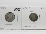 2 Capped Bust Dimes: 1821 Fair+, 1825 rim damage