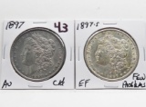 2 Morgan $: 1897 AU cleaned, 1897S EF few problems