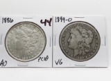 2 Morgan $: 1886 AU ?cleaned, 1899-O VG