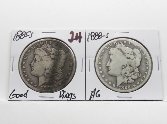 2 Morgan $: 1885S G dings, 1888S AG
