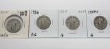 4 Standing Liberty Quarters: 1925 VG/G, 26 AG, 29 G, 29S G