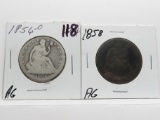 2 Seated Liberty Half $ AG: 1856-O, 1858