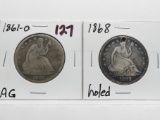 2 Seated Liberty Half $: 1861-O AG, 1868 holed