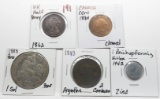 5 World Coins: 1862 UK Half Penny, 1884 Canada Cent, 1888 Peru Silver 1 Sol, 1893 Argentina 2 Centav