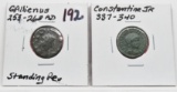 2 Roman Ancient Coins marked: Gallienus 253-268AD, Constantine 337-340AD
