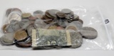 130 World Coins, some silver, 1 Mexico Pesos Note well worn