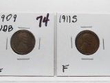 2 Lincoln Wheat Cents better dates: 1909 VDB VF, 1911S F