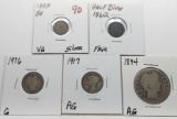 5 Silver Type Coins: Three Cent 1853 VG, Half Dime 1862 Fair, Barber