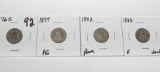 4 Seated Liberty Dimes: 1876S G, 1877 AG, 1882 Poor, 1883 F dark
