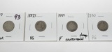 4 Seated Liberty Dimes: 1887 Poor, 1887S VG, 1889 F environmental damage, 1890 AG