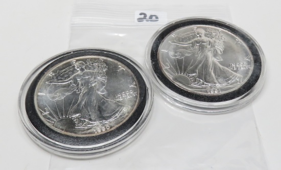 2 Silver American Eagles Unc-BU in plastic holders: 1990, 1991