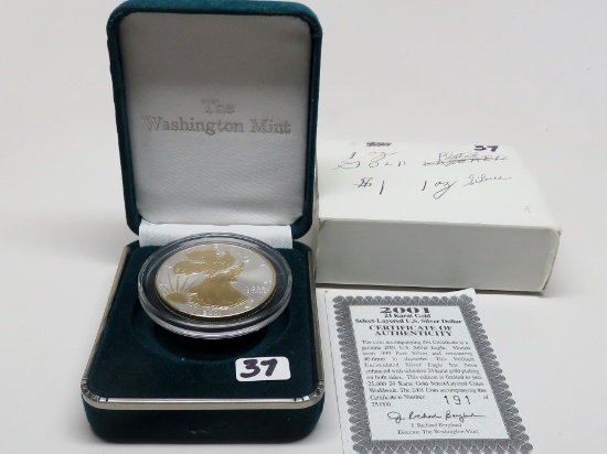 2001 Silver Eagle with 24 Karat Gold select layer, boxed w/COA
